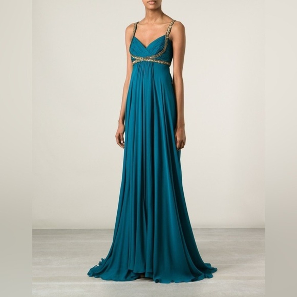 Marchesa Notte Silk Elegant Teal and Gold Maxi Dress